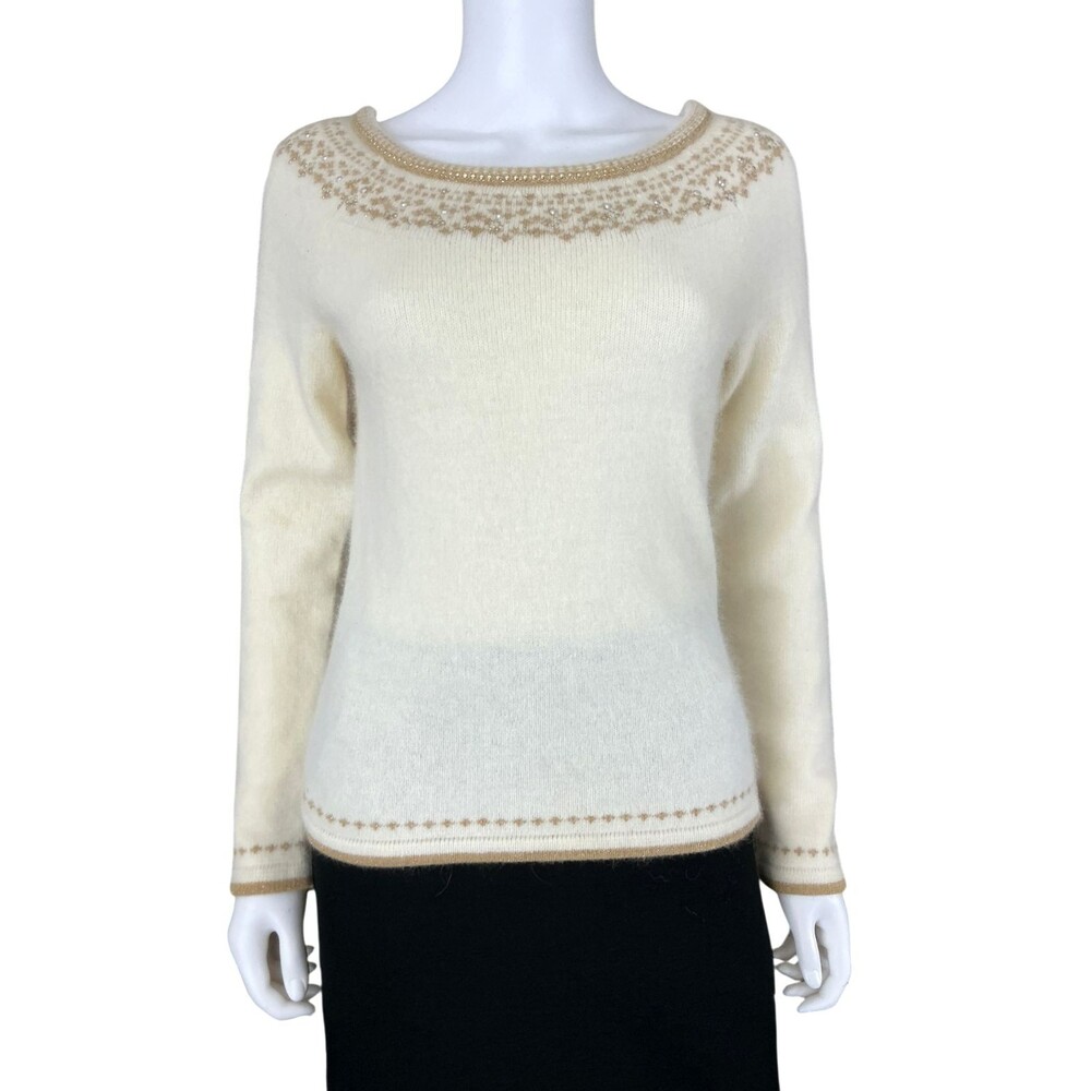 Apt. 9 Women's Angora Fair Isle Sweater M Cream Beaded Rhinestones Boat Neck NWT